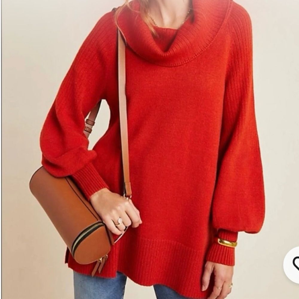 Anthropologie Paloma Cowl Neck Tunic Sweater Red Orange Balloon Sleeve Large
